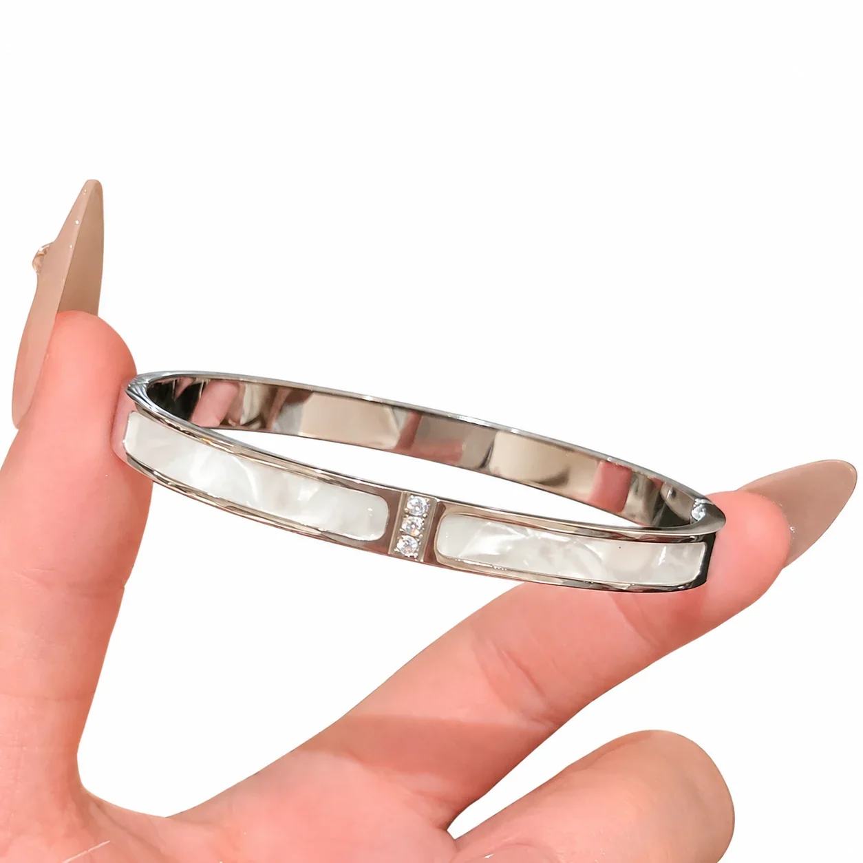 Silver-Plated Crystal Accent Bangle Bracelet, Stainless Steel - Silver -Crystal Shell of