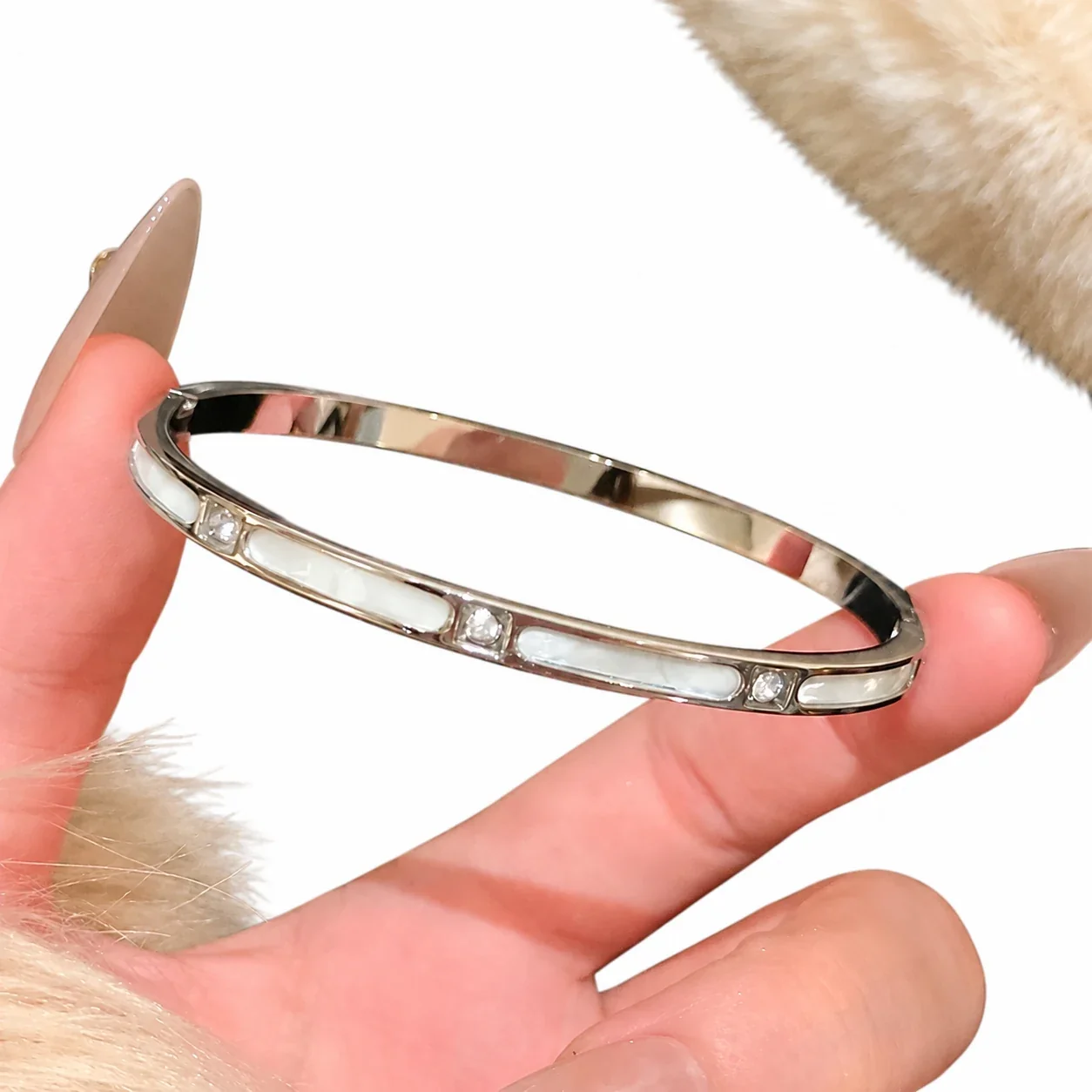 Silver-Plated Crystal Accent Bangle Bracelet, Stainless Steel - Silver Bamboo Shell