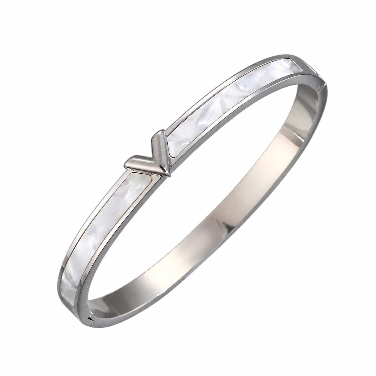Silver-Plated Crystal Accent Bangle Bracelet, Stainless Steel - Silver V Shell