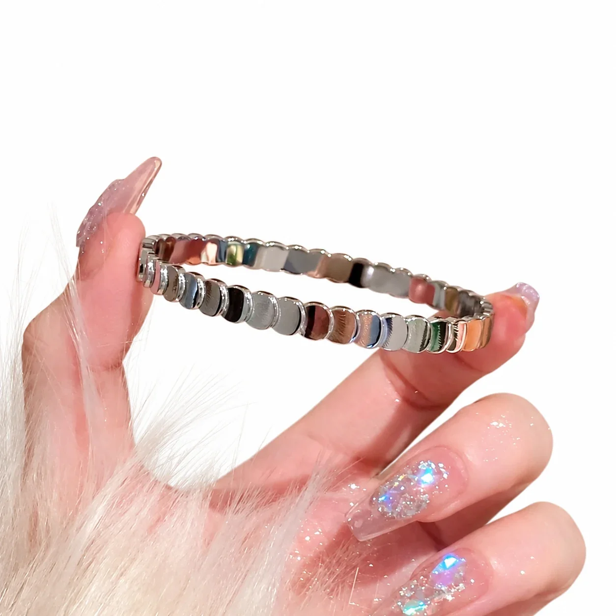Silver-Plated Crystal Accent Bangle Bracelet, Stainless Steel - Silver Fish Scale