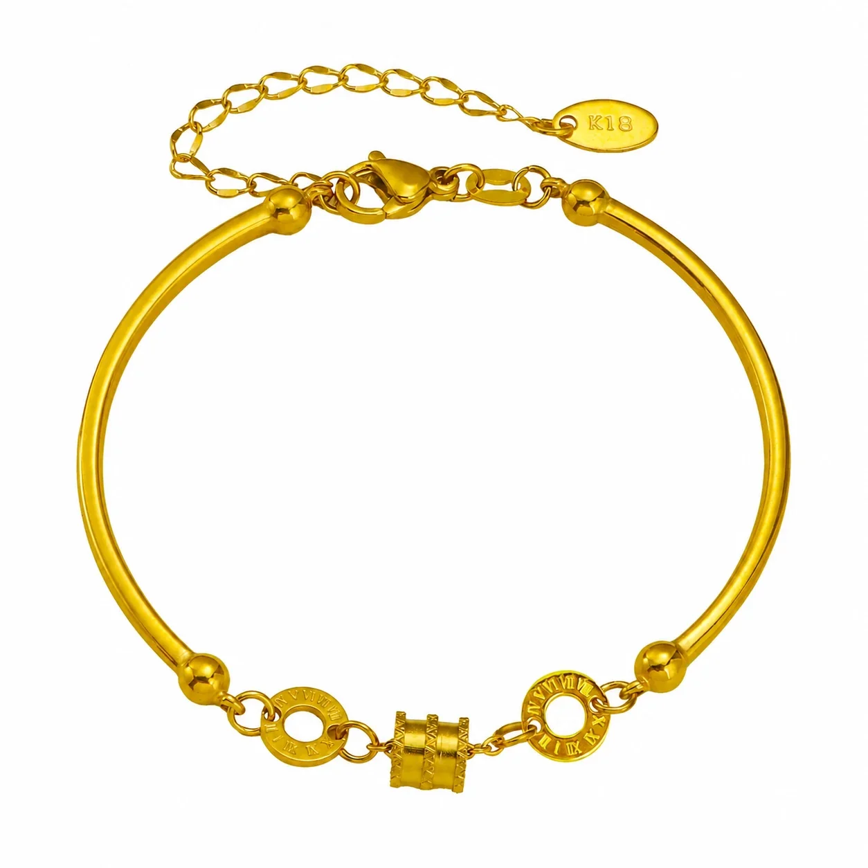 Sleek Gold-Plated Curved Tube Roman Disc Bracelet