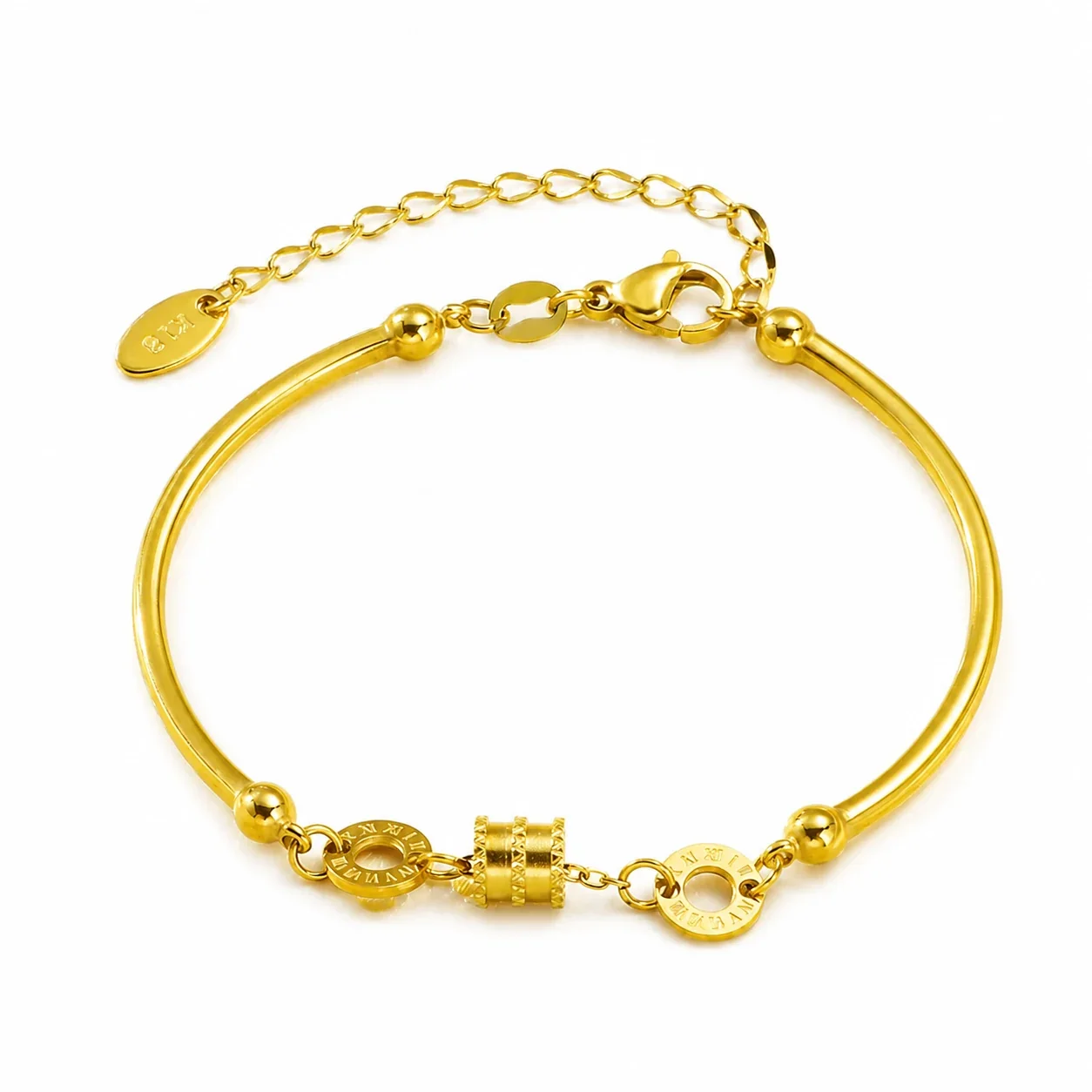 Sleek Gold-Plated Curved Tube Roman Disc Bracelet