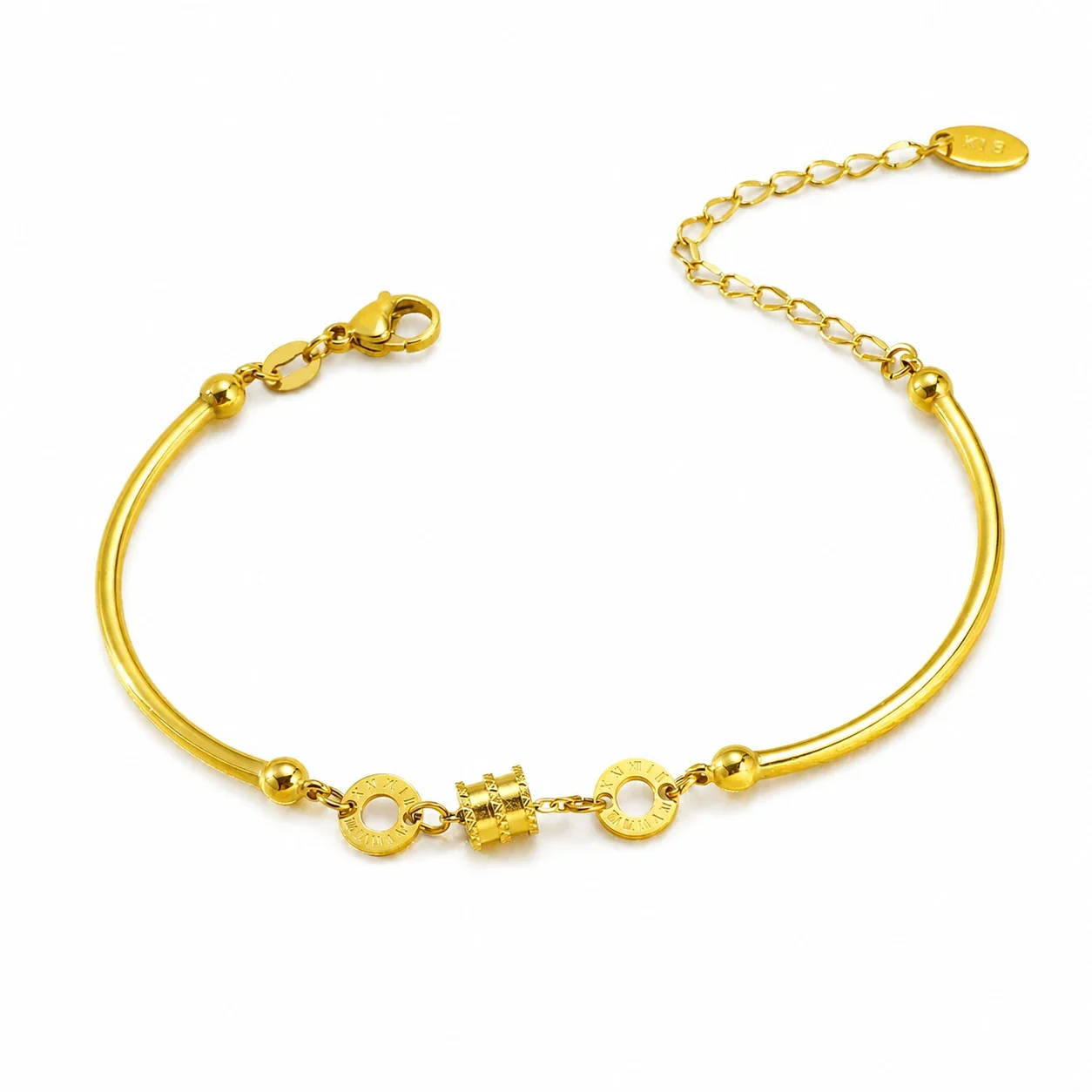 Sleek Gold-Plated Curved Tube Roman Disc Bracelet