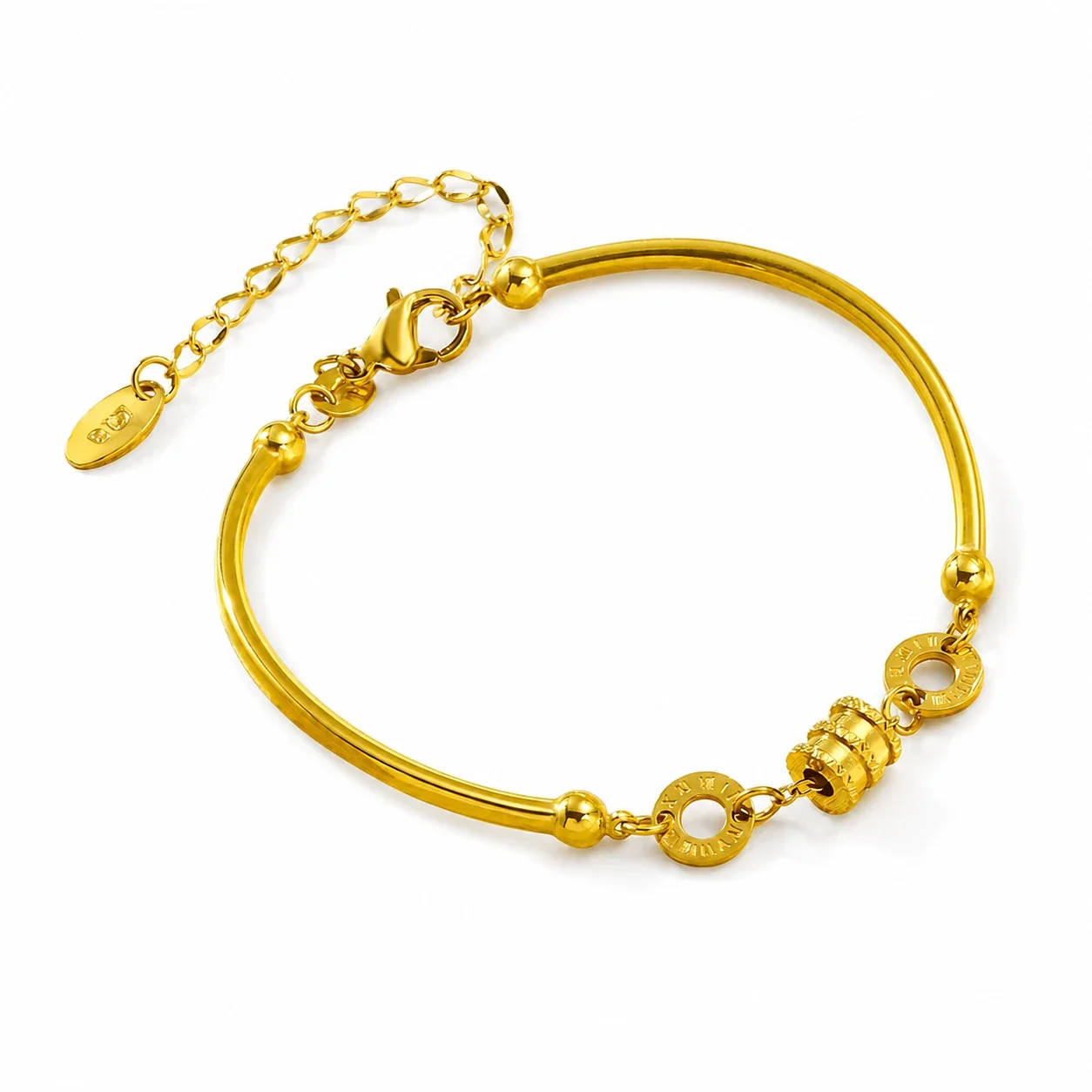 Sleek Gold-Plated Curved Tube Roman Disc Bracelet