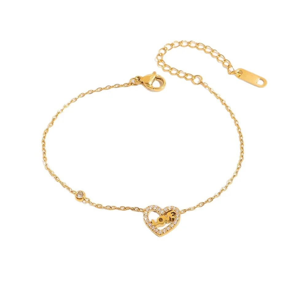Delicate Gold-Plated Heart Pavé Love Chain Bracelet