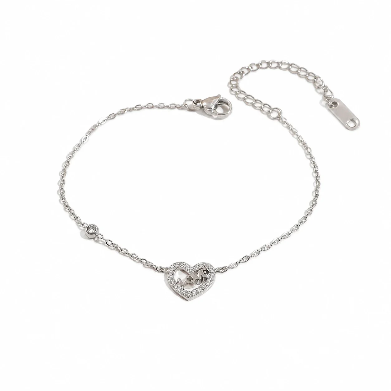 Delicate Gold-Plated Heart Pavé Love Chain Bracelet - Silver
