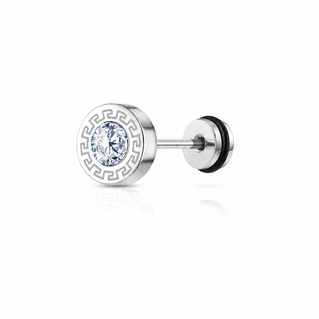 Edgy Stainless Steel Greek Key Round CZ Stud Earrings