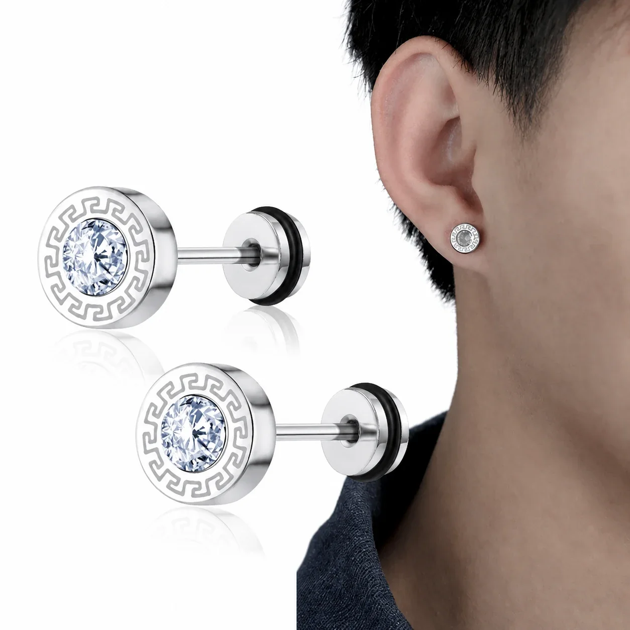 Edgy Stainless Steel Greek Key Round CZ Stud Earrings