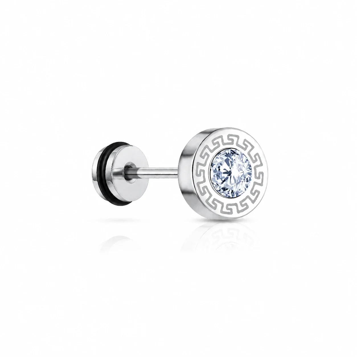 Edgy Stainless Steel Greek Key Round CZ Stud Earrings