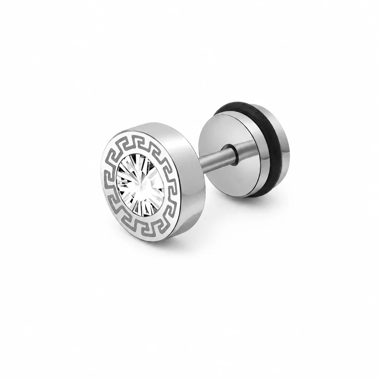 Edgy Stainless Steel Greek Key Round CZ Stud Earrings