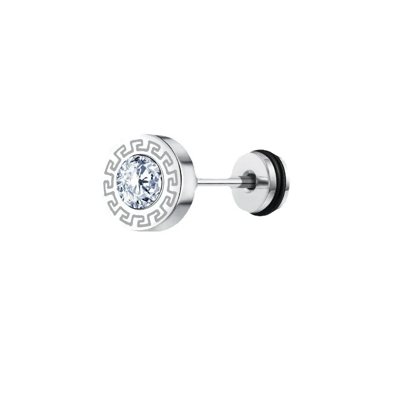 Edgy Stainless Steel Greek Key Round CZ Stud Earrings