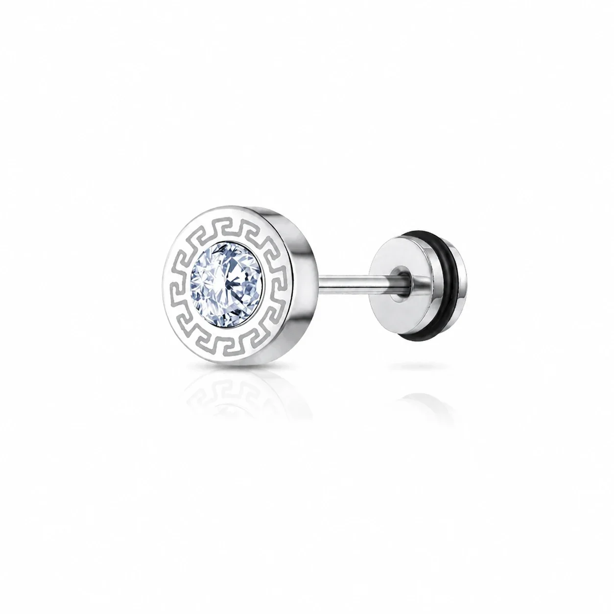 Edgy Stainless Steel Greek Key Round CZ Stud Earrings - Silver