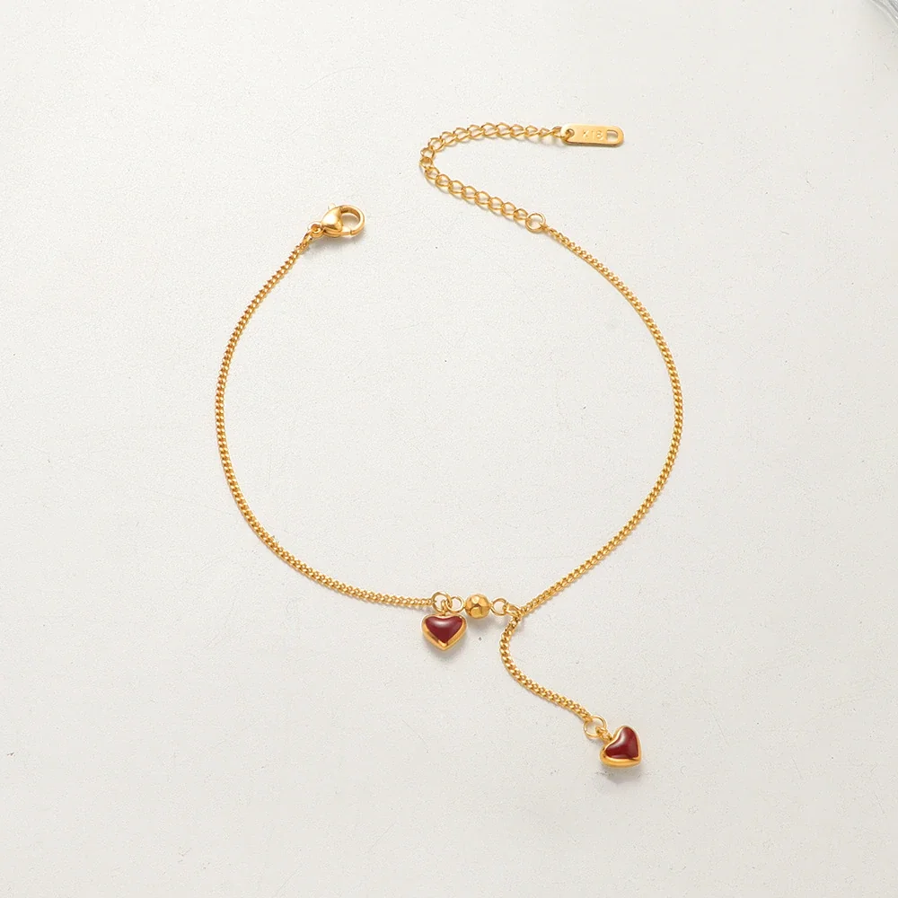 French Gold-Tone Burgundy Double Heart Tassel Anklet