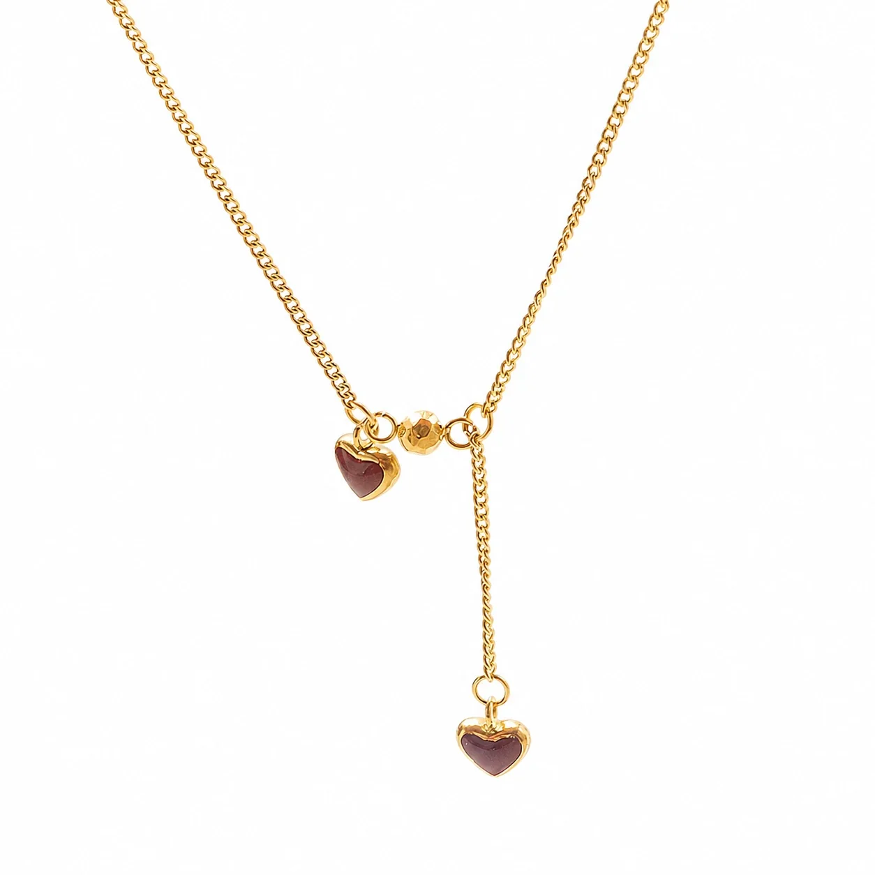 French Gold-Tone Burgundy Double Heart Tassel Anklet
