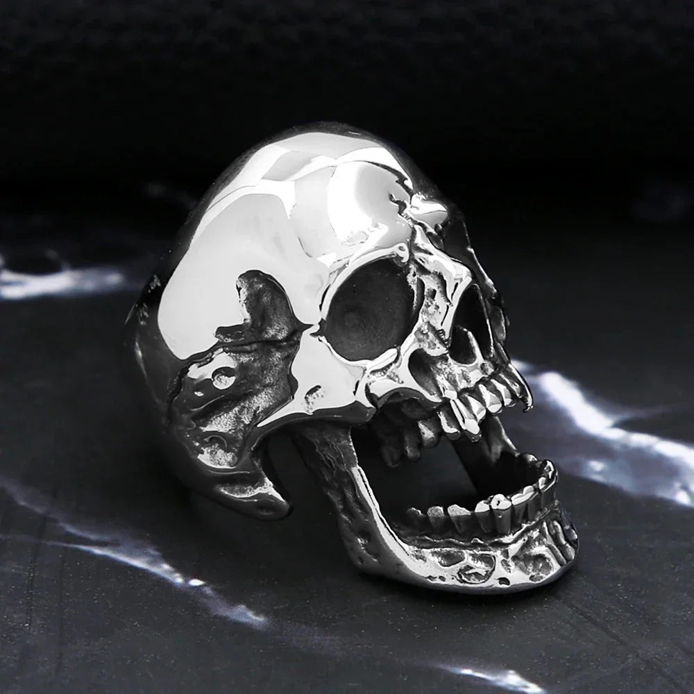 Skull Ring with Open Jaw and Teeth Stainless Steel