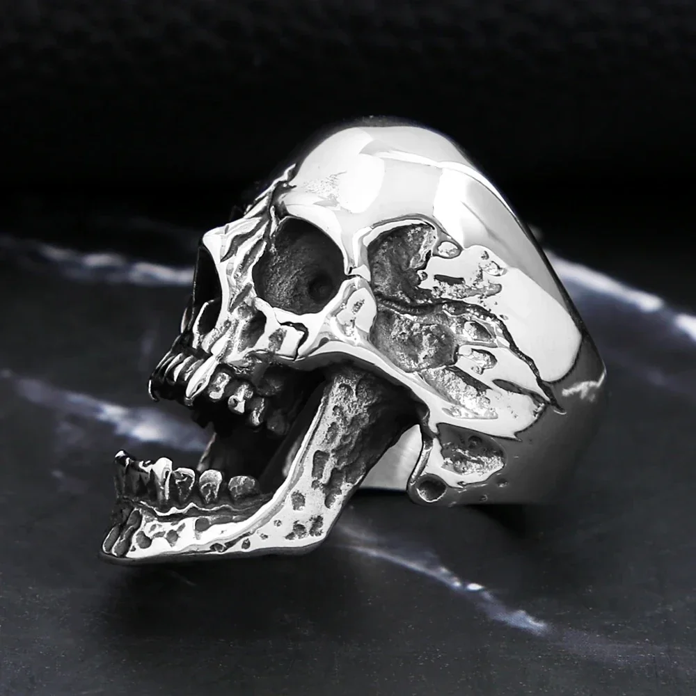 Skull Ring with Open Jaw and Teeth Stainless Steel