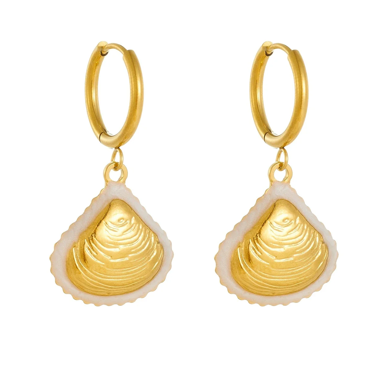 Hoop Earrings with Textured Shell Drops in Gold-Plated Steel