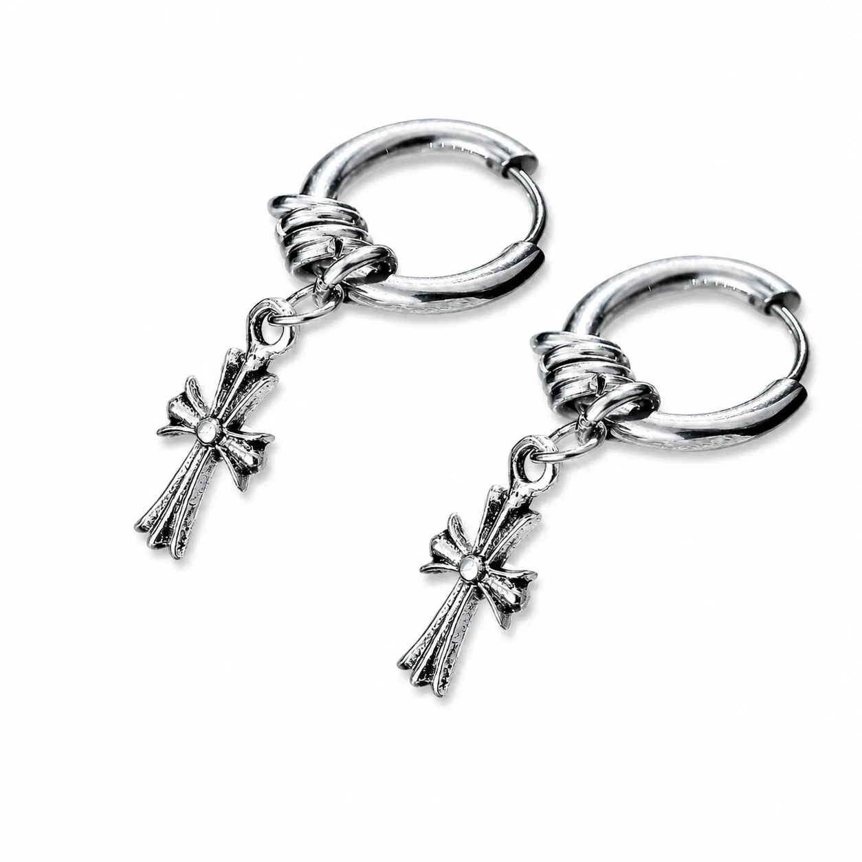 Edgy Stainless Steel Silver-Tone Cross Hoop Drop Earrings