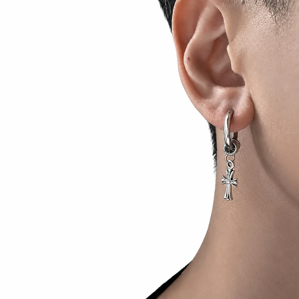 Edgy Stainless Steel Silver-Tone Cross Hoop Drop Earrings