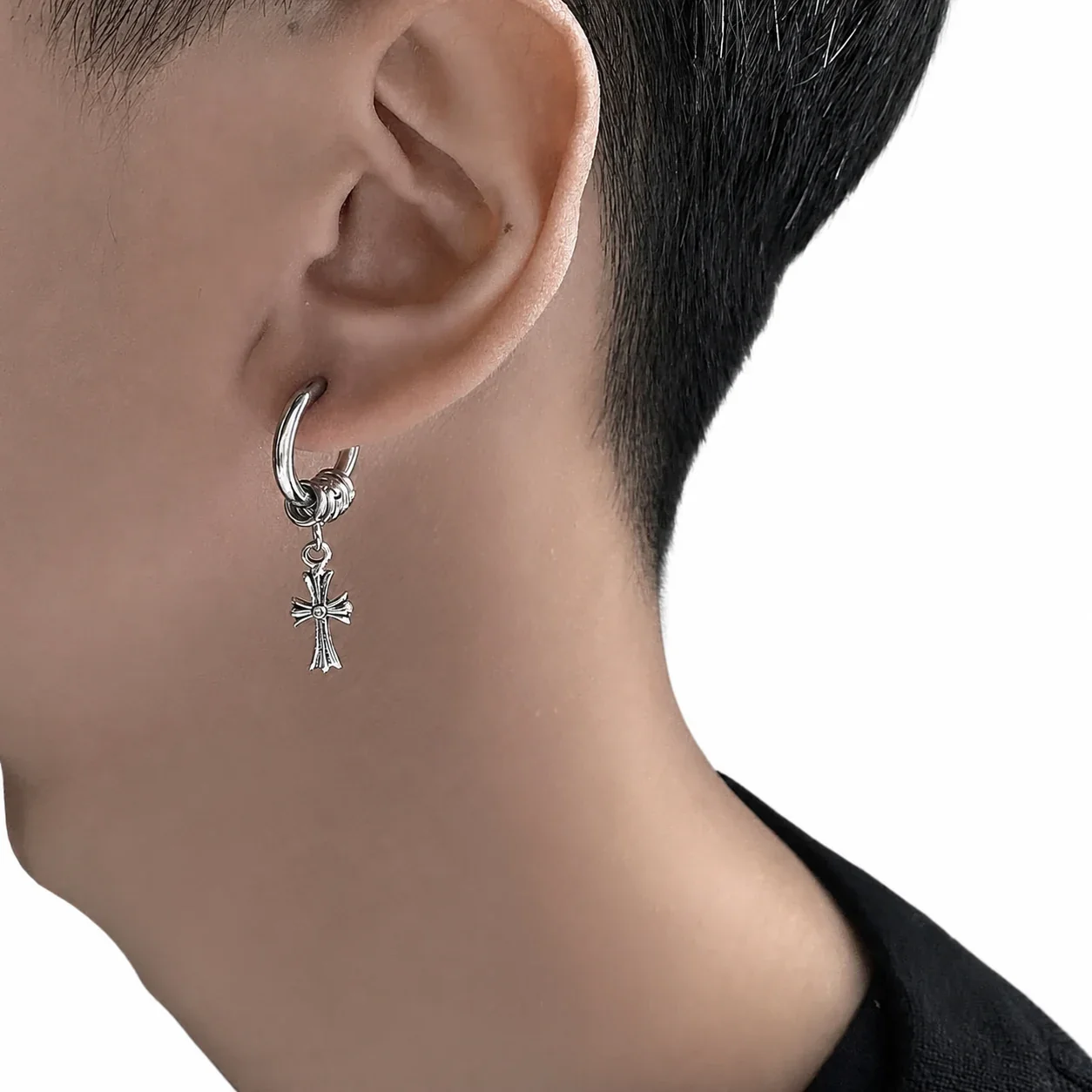 Edgy Stainless Steel Silver-Tone Cross Hoop Drop Earrings