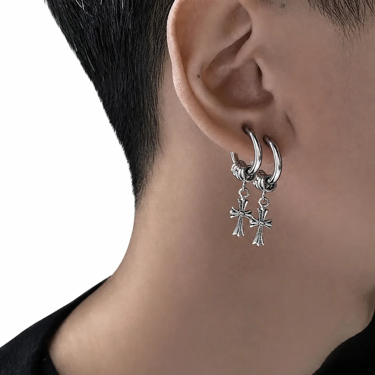 Edgy Stainless Steel Silver-Tone Cross Hoop Drop Earrings