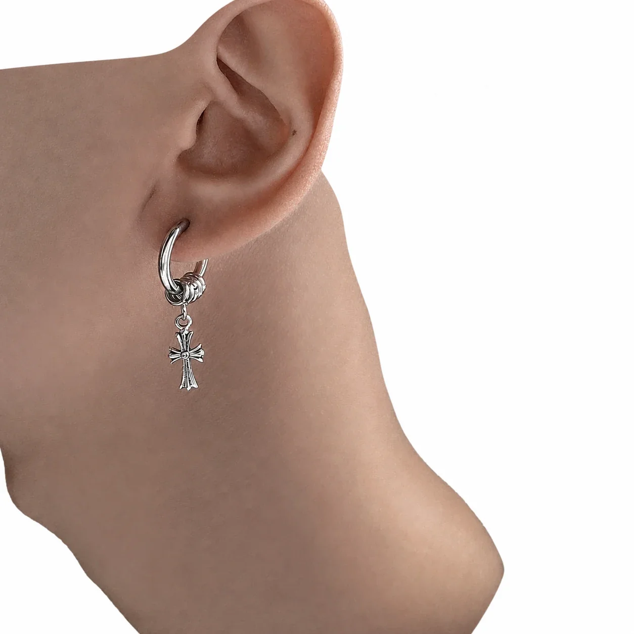 Edgy Stainless Steel Silver-Tone Cross Hoop Drop Earrings