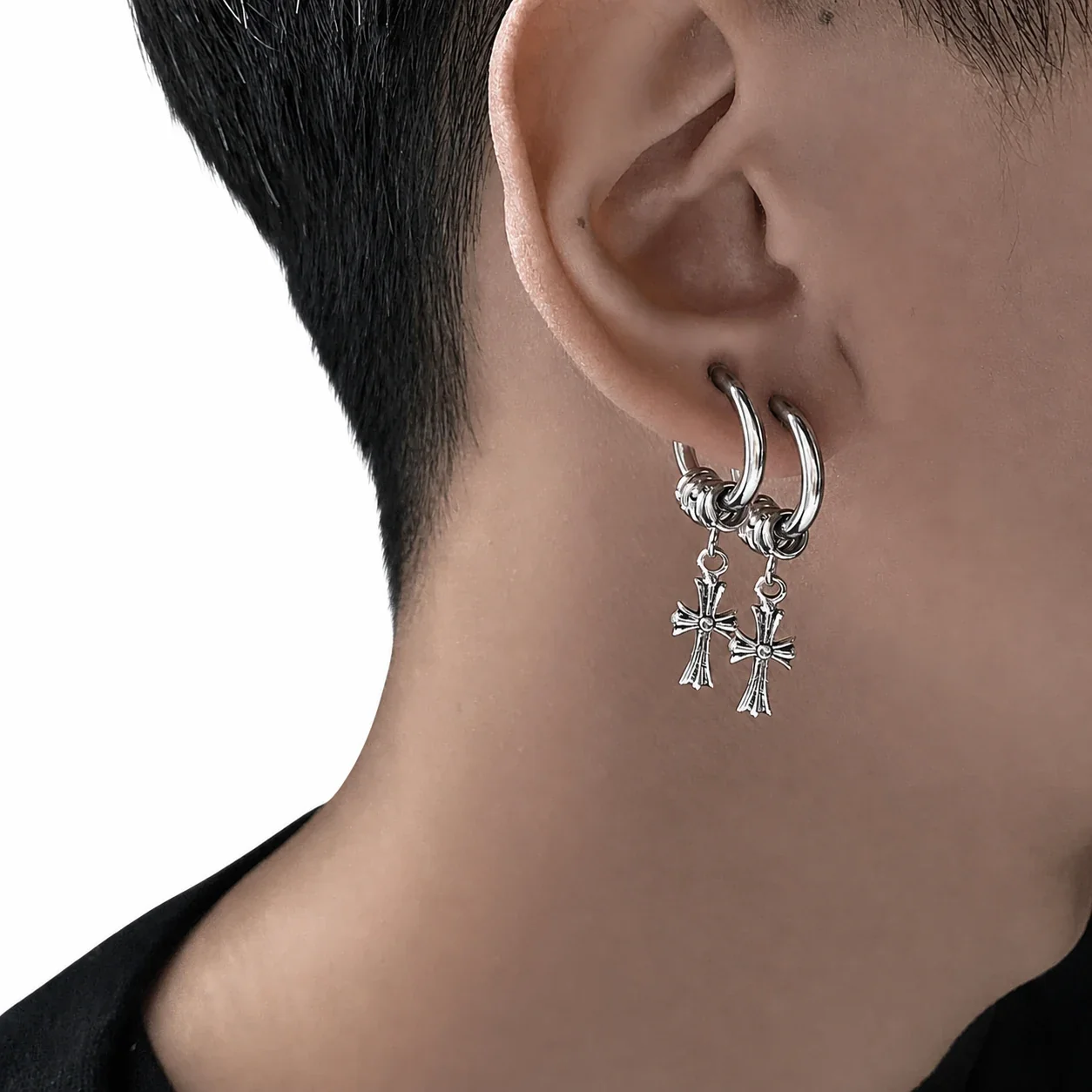 Edgy Stainless Steel Silver-Tone Cross Hoop Drop Earrings - Silver Pierced Cross