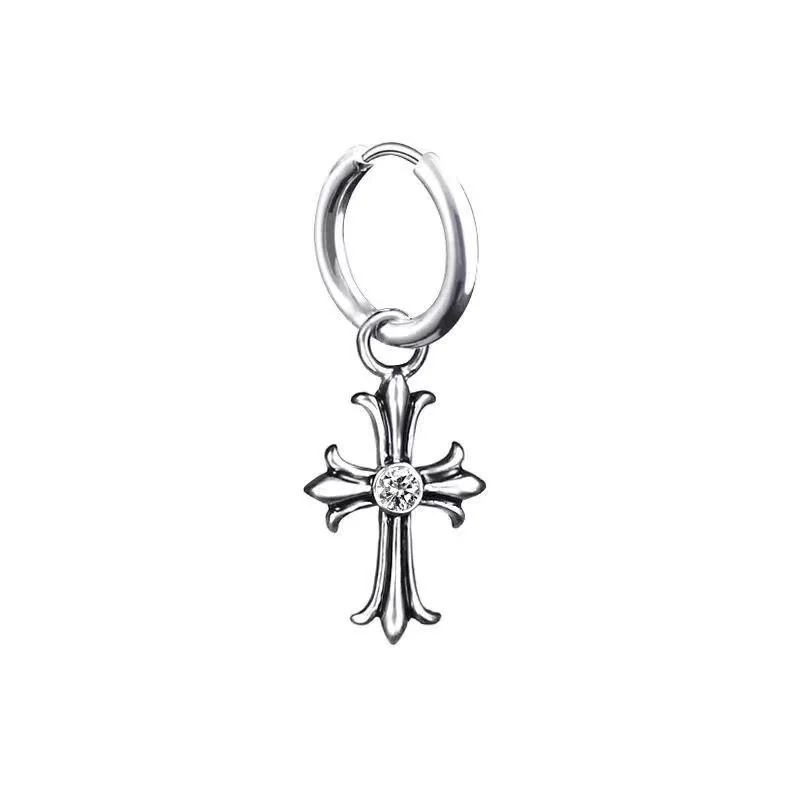 Edgy Stainless Steel Silver-Tone Cross Hoop Drop Earrings - Silver Pierced Cross With Crystals