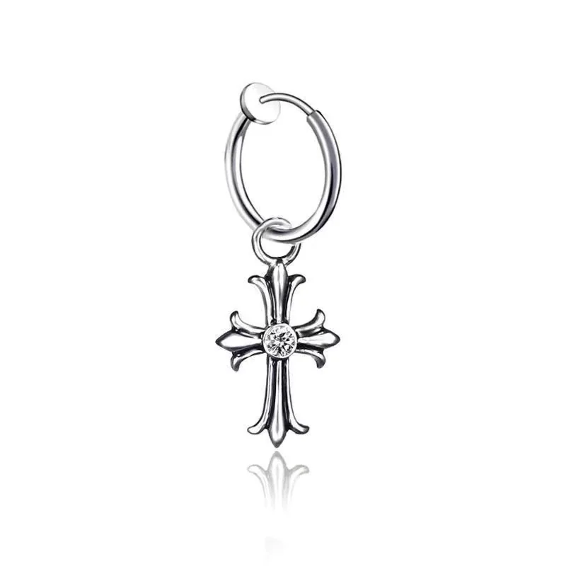 Edgy Stainless Steel Silver-Tone Cross Hoop Drop Earrings - Silver Clip-On Cross With Crystals