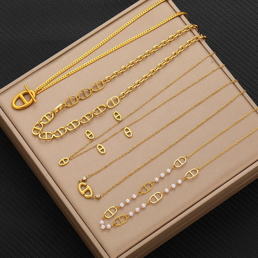 Chain Necklace with Oval Bar Links, Gold-Plated Stainless Steel