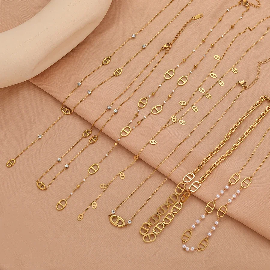 Chain Necklace with Oval Bar Links, Gold-Plated Stainless Steel