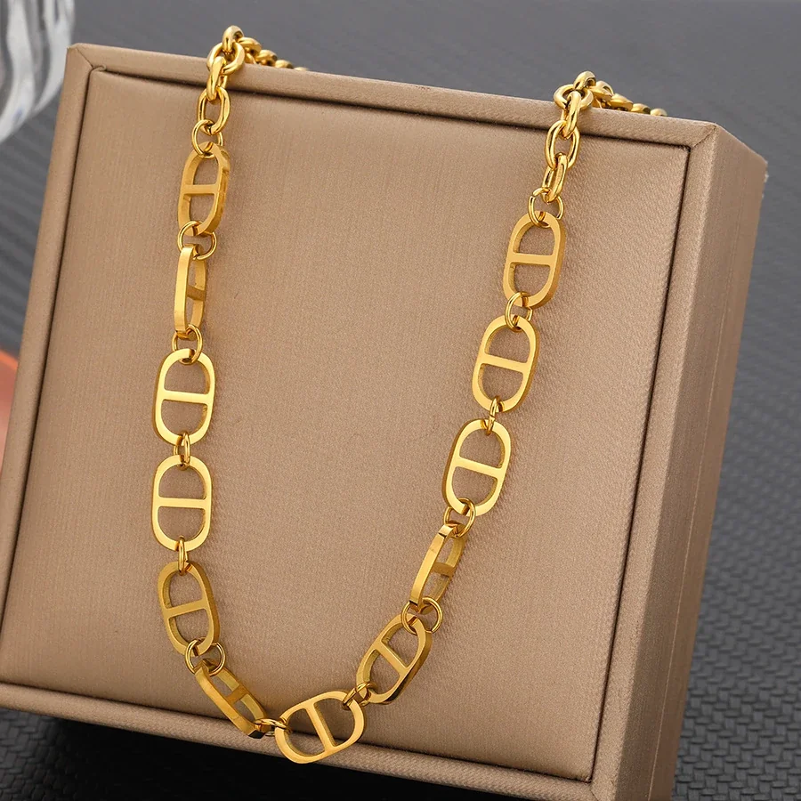 Chain Necklace with Oval Bar Links, Gold-Plated Stainless Steel