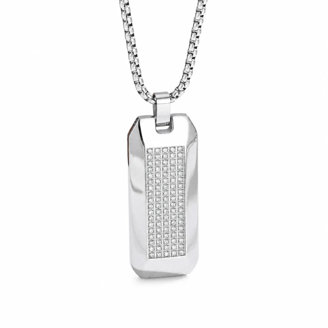Angular 316 Stainless Steel Pavé Tag Pendant Necklace - Silver CZ