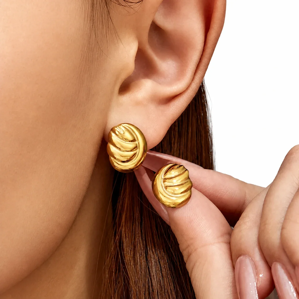 Sculpted 18K Gold-Plated 316L Ribbed Dome Stud Earrings