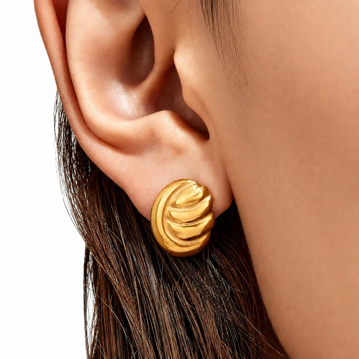 Sculpted 18K Gold-Plated 316L Ribbed Dome Stud Earrings