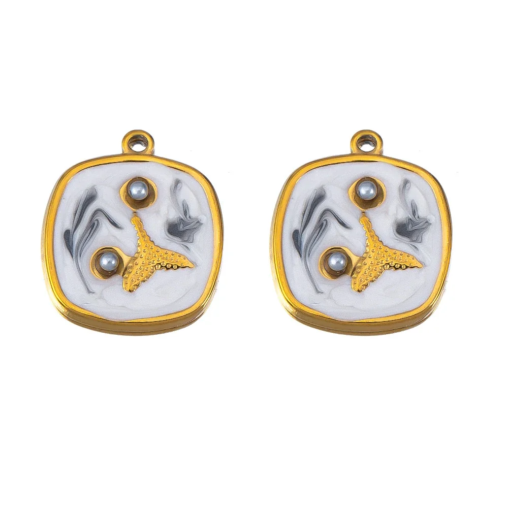 Coastal 18K Gold-Plated Starfish Shell Stainless Steel Pendant - Black Square