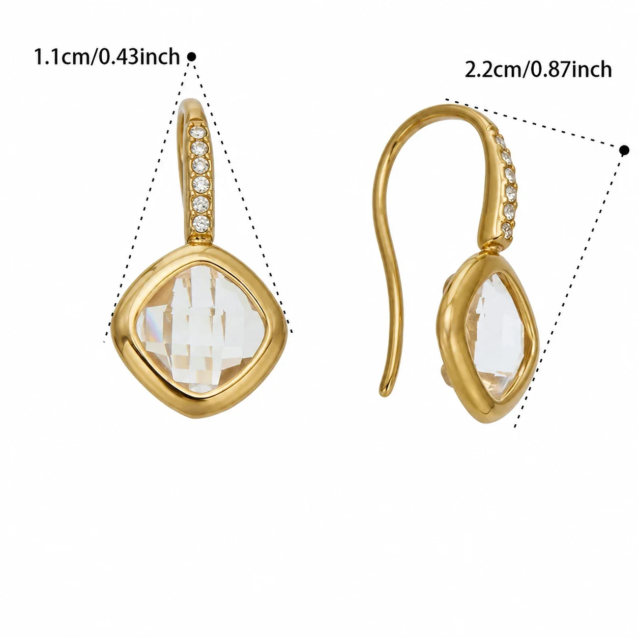 Luminous Pavé Hook 316L Gold-Plated Glass Drop Earrings - White Glass Gold
