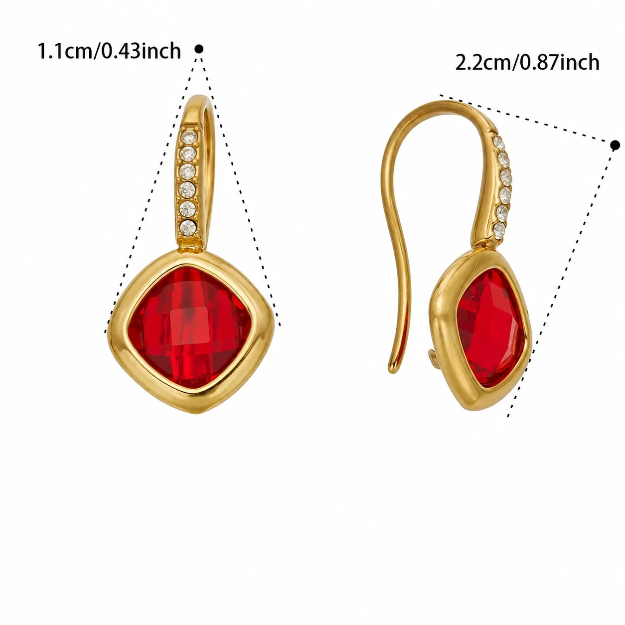 Luminous Pavé Hook 316L Gold-Plated Glass Drop Earrings - Red Glass Gold