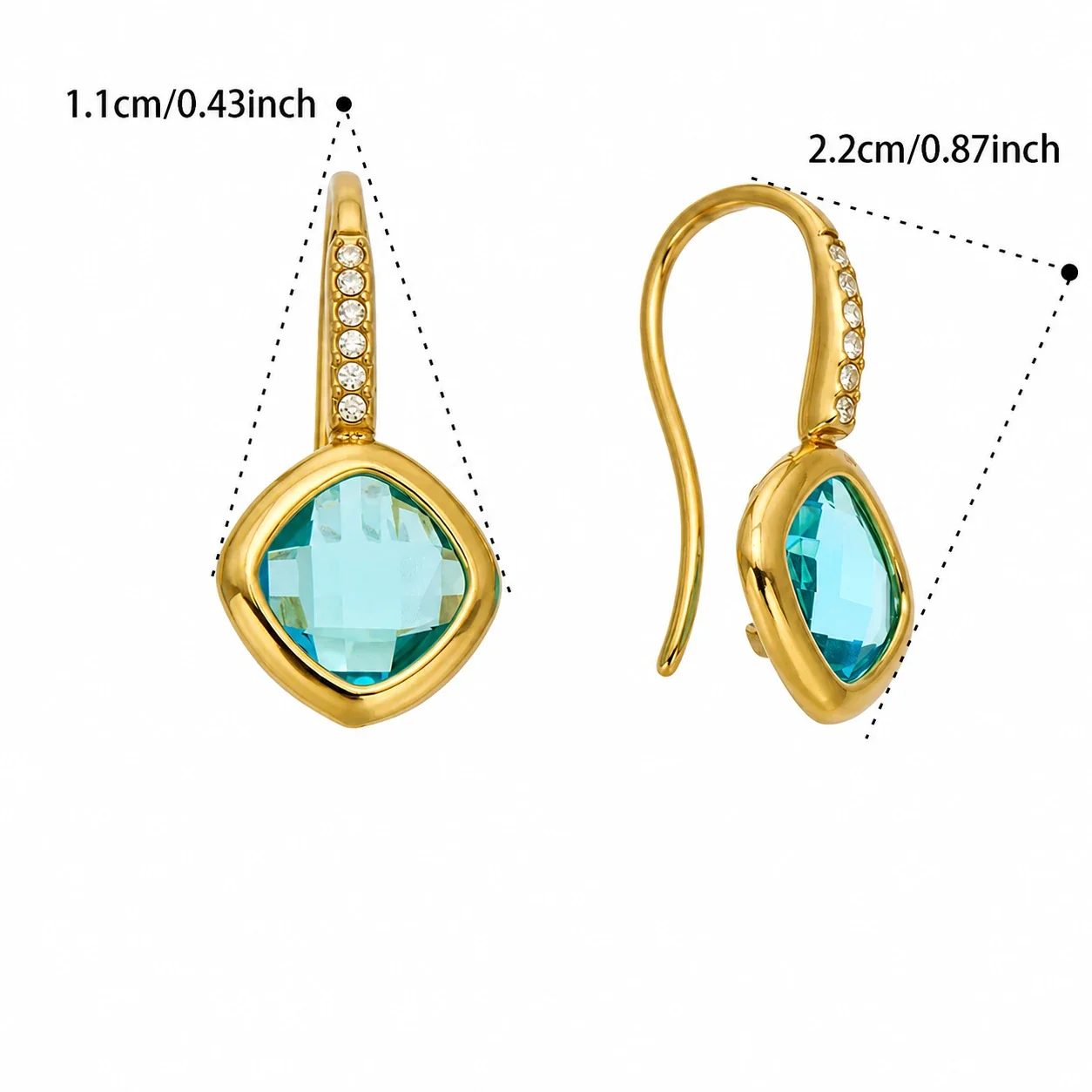 Luminous Pavé Hook 316L Gold-Plated Glass Drop Earrings - Blue Glass Gold