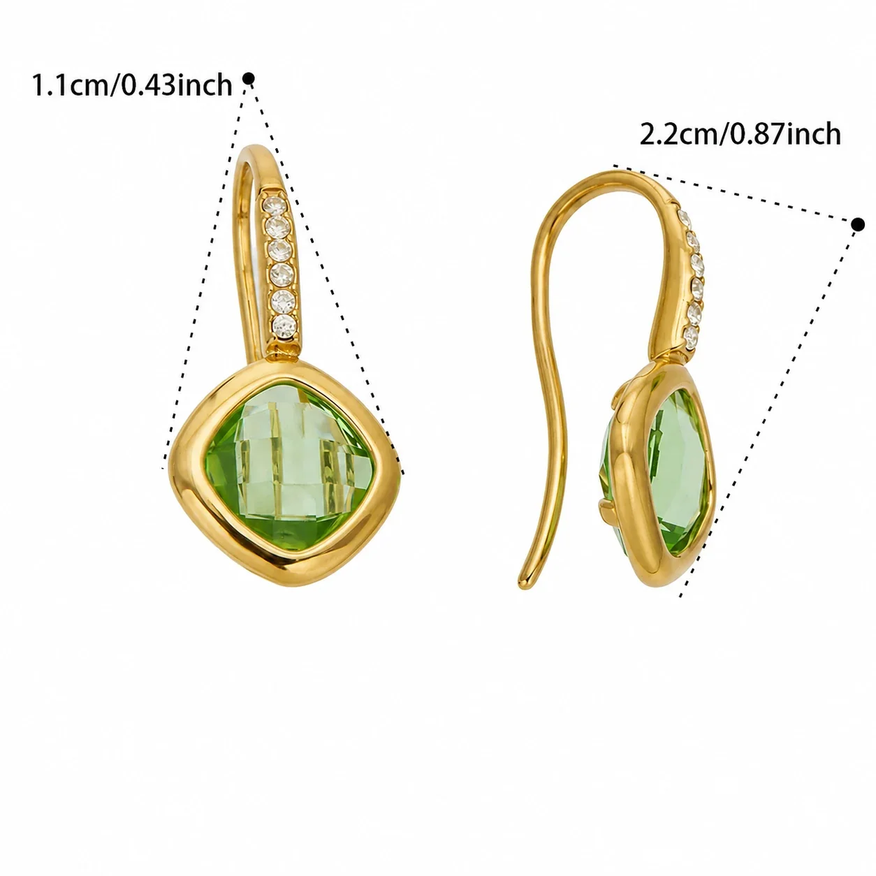 Luminous Pavé Hook 316L Gold-Plated Glass Drop Earrings - Green Glass Gold
