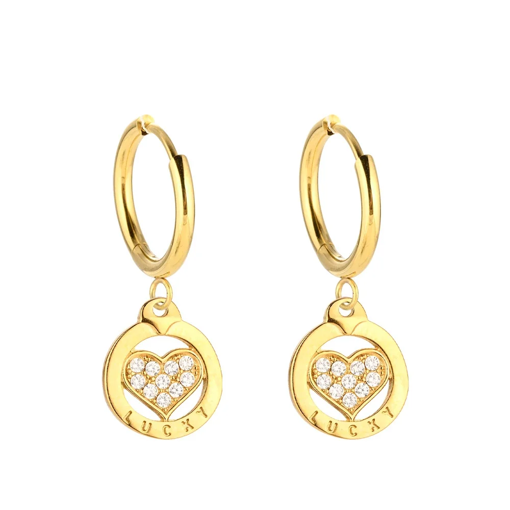 Polished 316 Stainless Steel Charm Drop Hoop Earrings - Gold Lucky Heart