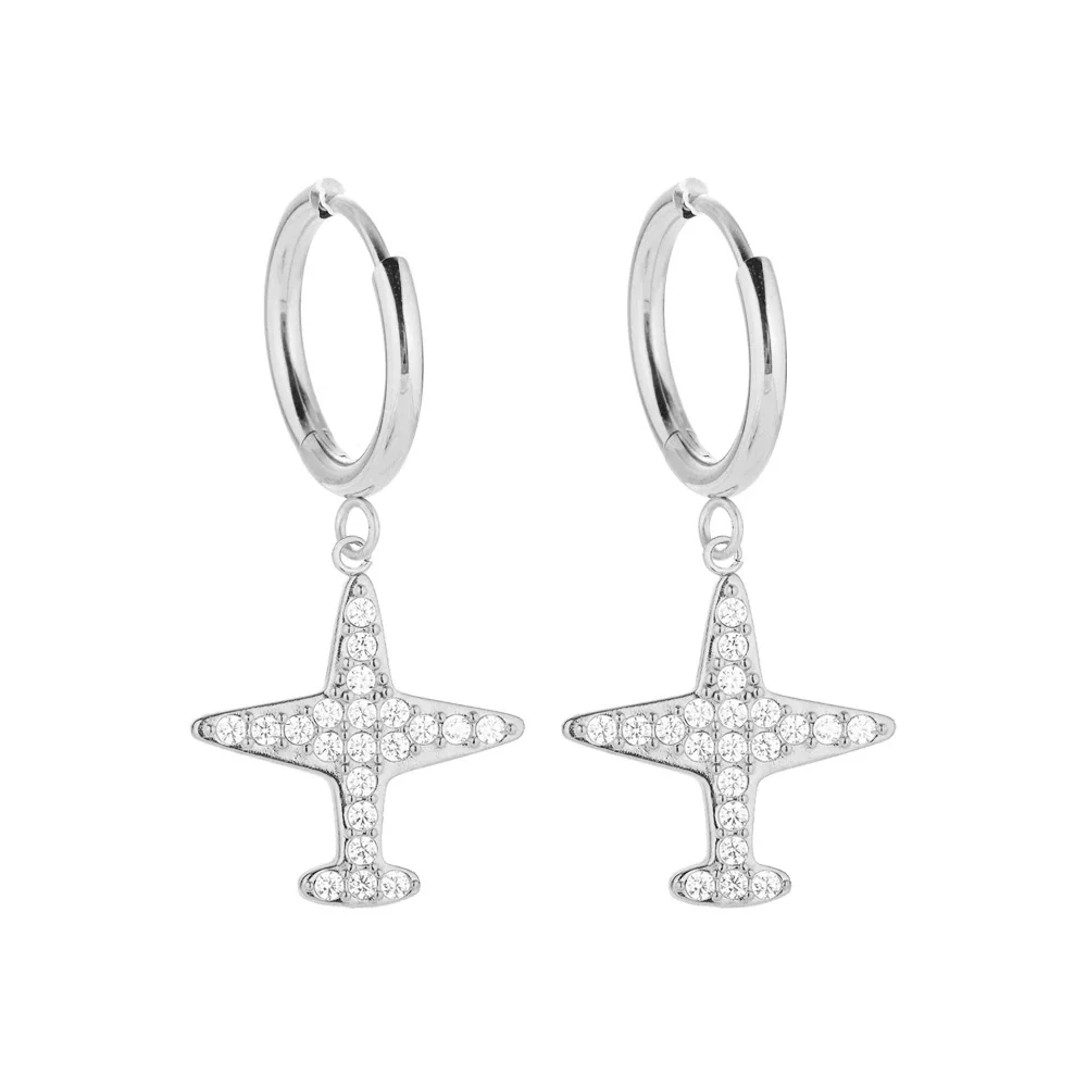 Polished 316 Stainless Steel Charm Drop Hoop Earrings - Steel Airplane
