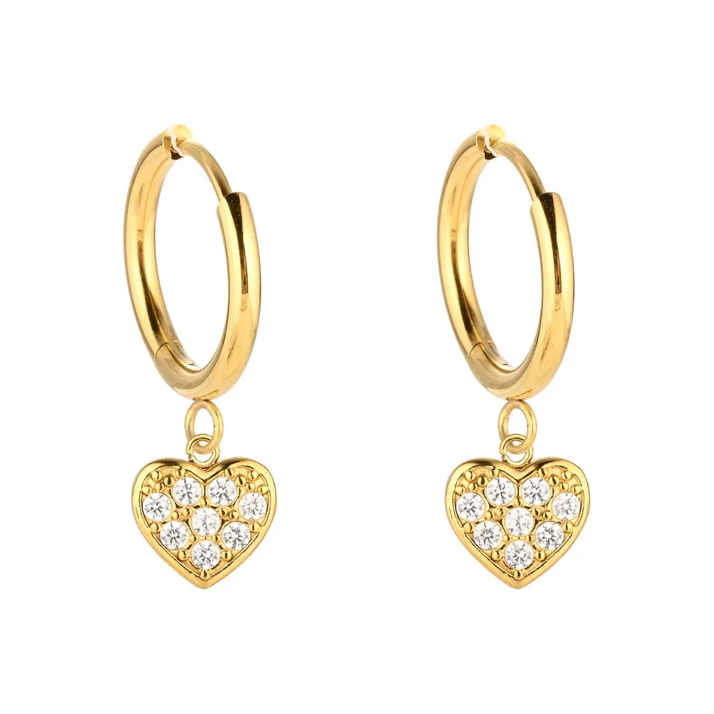 Polished 316 Stainless Steel Charm Drop Hoop Earrings - Gold Heart