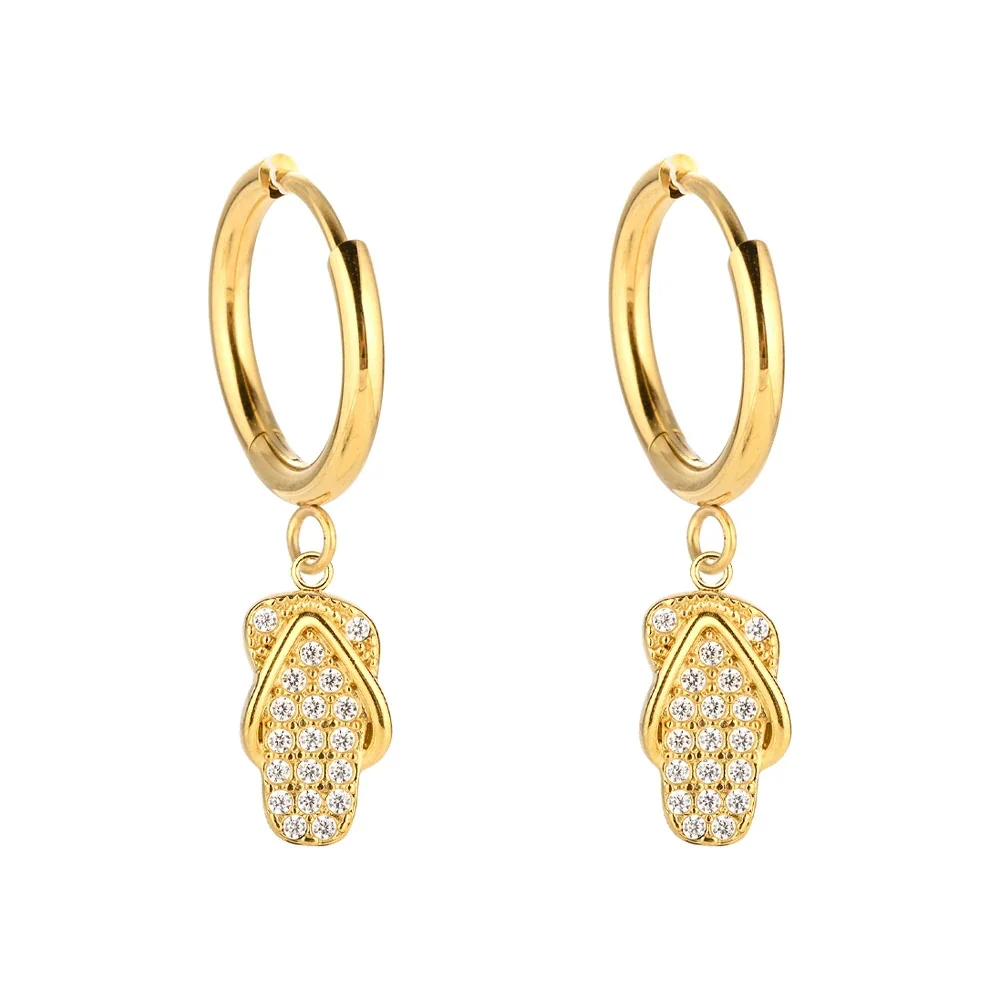 Polished 316 Stainless Steel Charm Drop Hoop Earrings - Gold Right Sandal