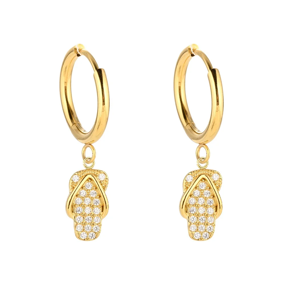 Polished 316 Stainless Steel Charm Drop Hoop Earrings - Gold Left Sandal