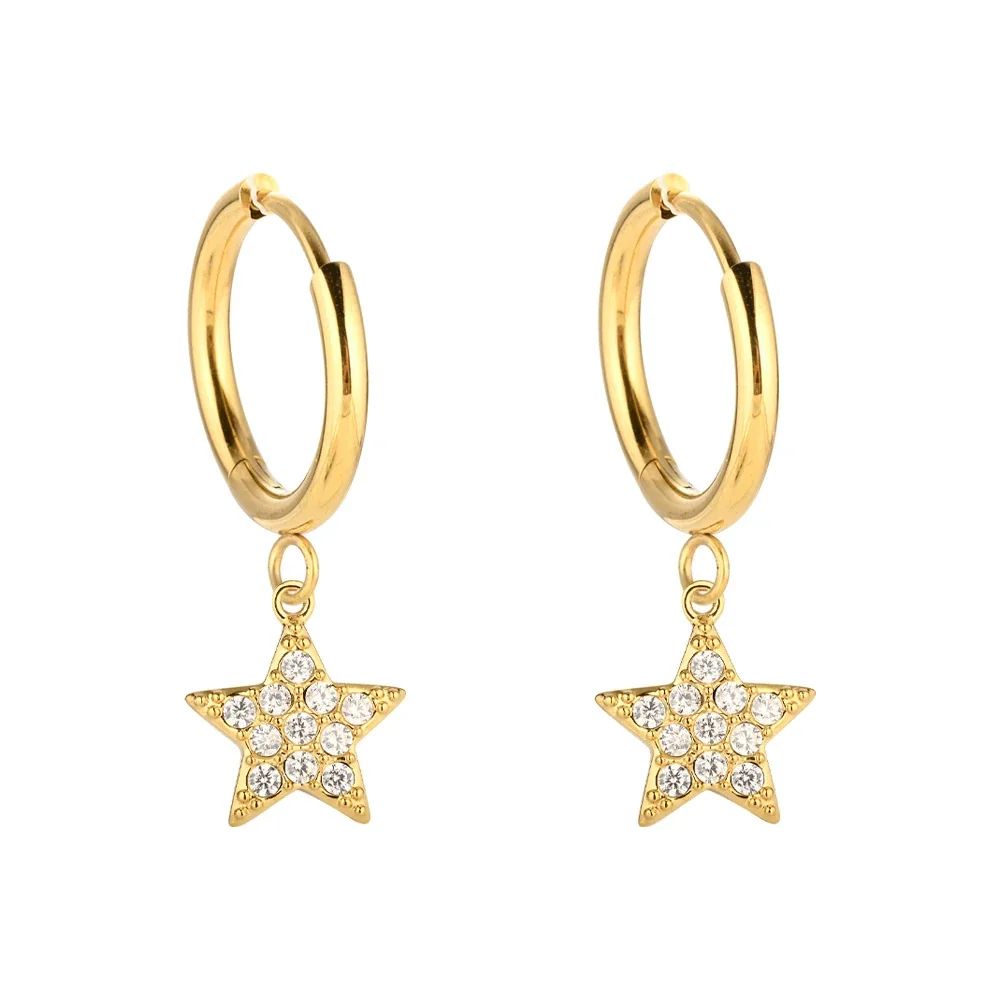 Polished 316 Stainless Steel Charm Drop Hoop Earrings - Steel Star