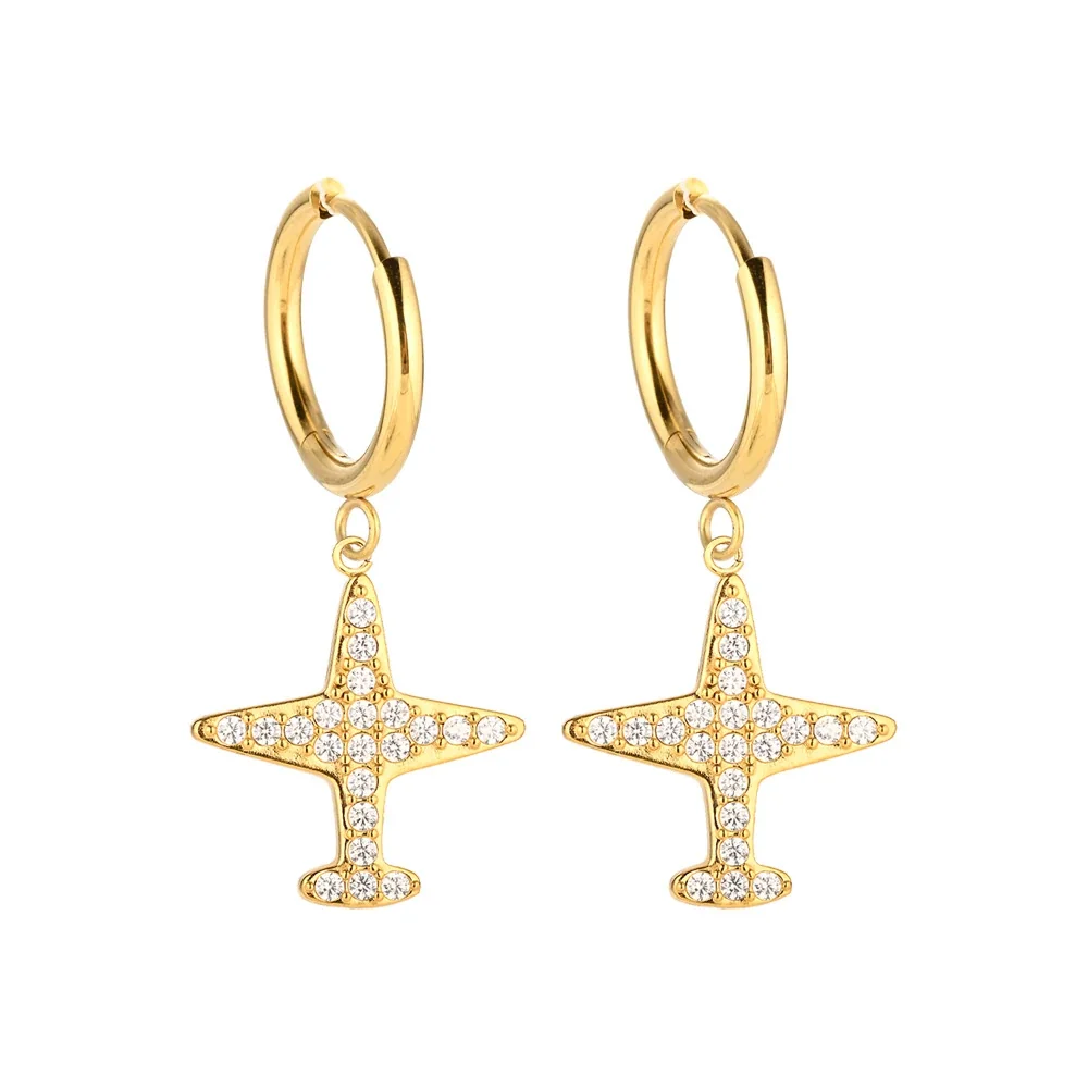 Polished 316 Stainless Steel Charm Drop Hoop Earrings - Gold Airplane