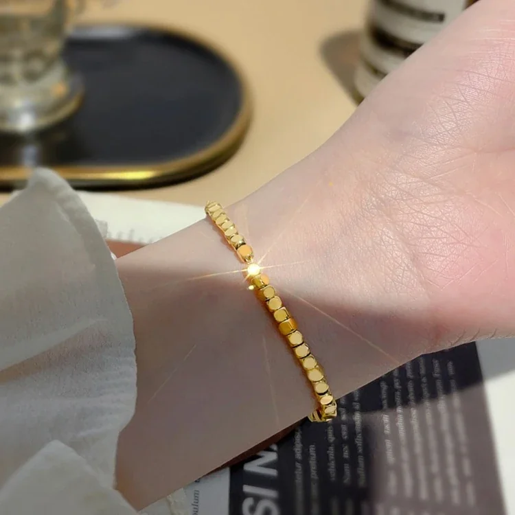 Square Bead Bracelet with Extender, Stainless Steel