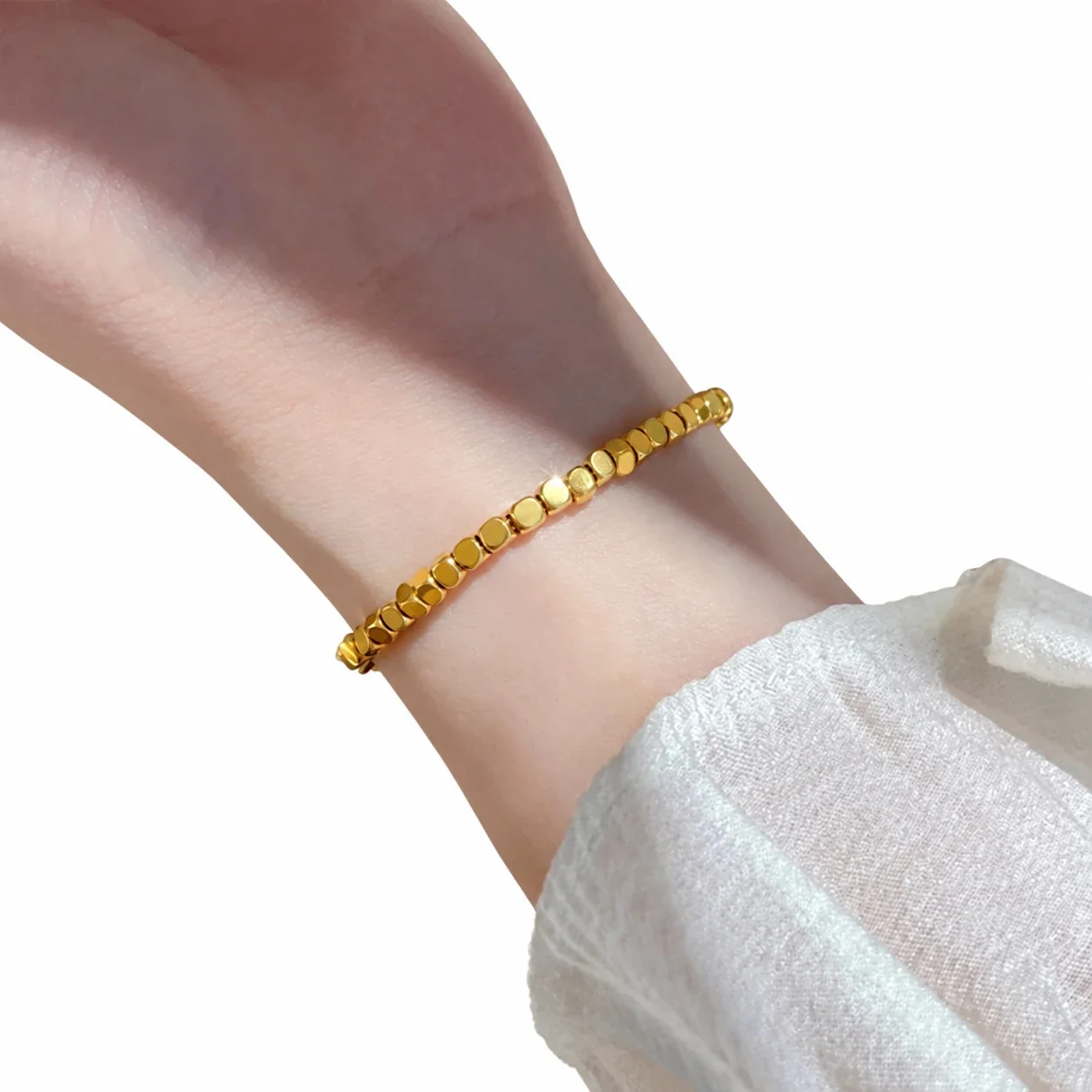 Square Bead Bracelet with Extender, Stainless Steel - Gold