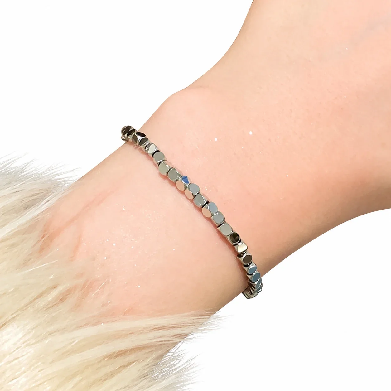 Square Bead Bracelet with Extender, Stainless Steel - Silver